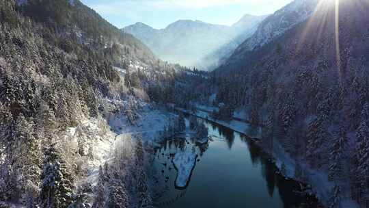 4k逆光下冬天雪山森林湖泊