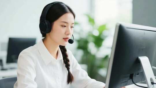 女性办公室戴耳机使用电脑