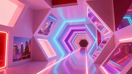 几何建筑空间抽象艺术浪漫梦幻霓虹隧道4K
