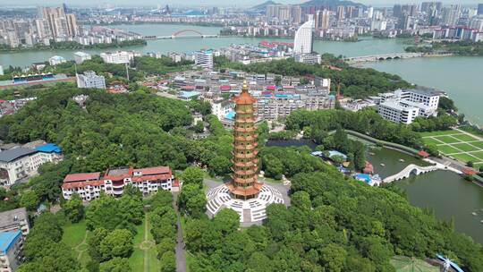 航拍湖北鄂州莲花公园元明塔