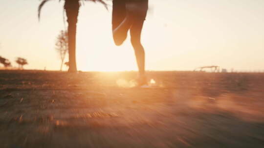 腿，日出和人在大自然中户外跑步，健康和速