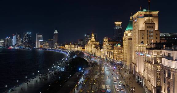 航拍上海外滩万国建筑群夜景