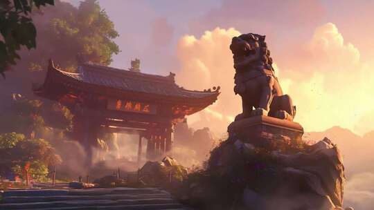 古风场景中式牌坊与石狮子