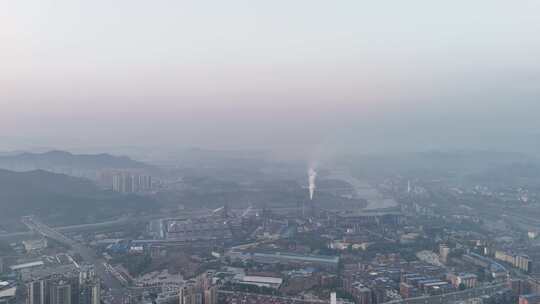 四川达州城市清晨日出迷雾航拍