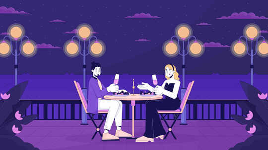 海边线附近的浪漫餐厅卡通动画