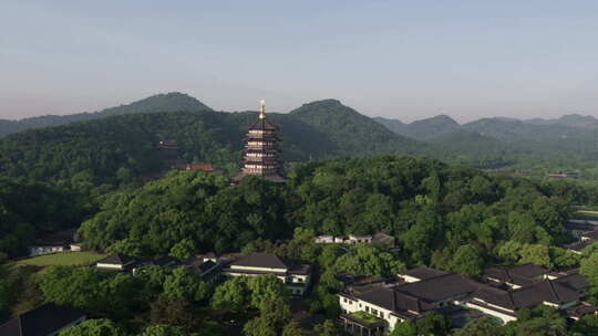 航拍杭州西湖古建筑群及雷峰塔鸟瞰全景