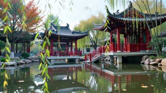 中式园林景观中的古典亭台楼阁