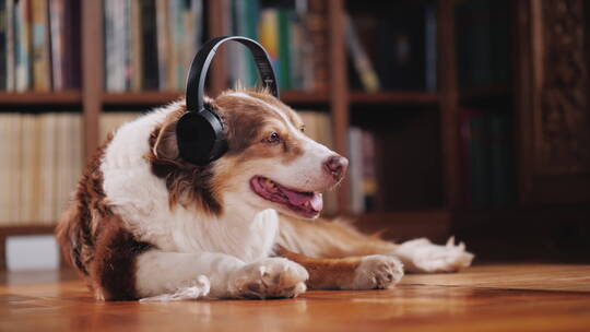 狗狗戴着耳机躺在图书馆的地板上