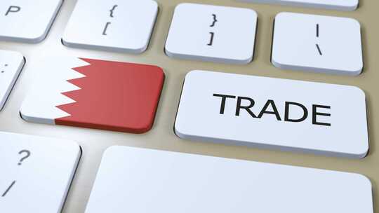 巴林国旗和贸易文本按钮3D动画