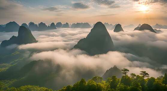 桂林山水合集山峰云海群山云雾缭绕自然风景