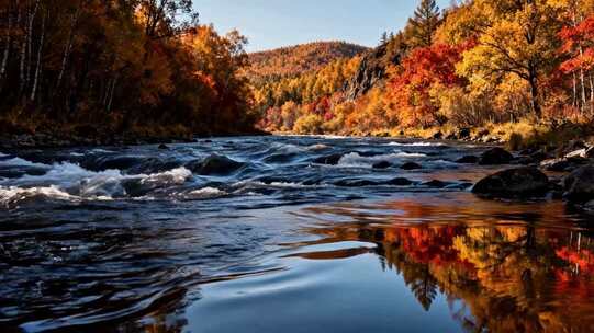 秋季森林河流自然风光