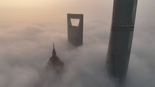 上海陆家嘴日出平流雾航拍