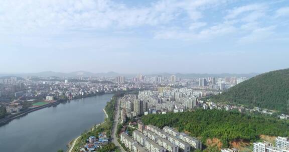 航拍赤壁市陆水湖三峡实验坝