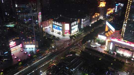 航拍广州天河区商圈十字路口交通夜景