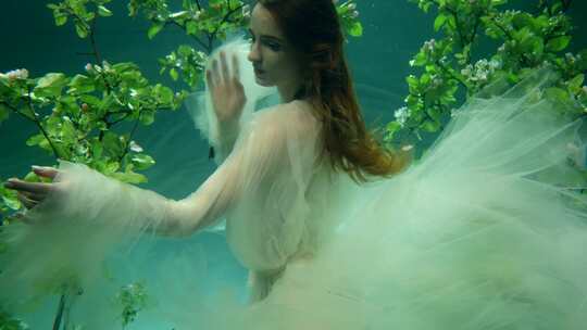 在水下王国，一个美丽的童话女孩以美人鱼的