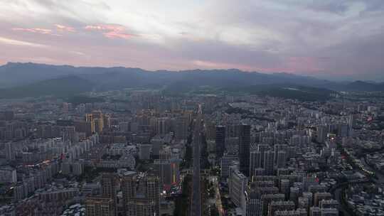 福建龙岩城市夜幕降临晚霞夜景灯光航拍