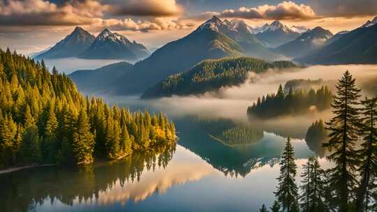 山林湖泊自然风光全景