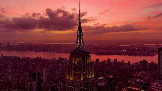 城市航拍纽约帝国大厦摩天大楼夜景日落晚霞