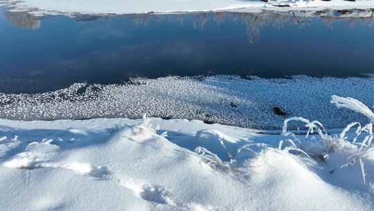 冬天湿地河流水面雪景