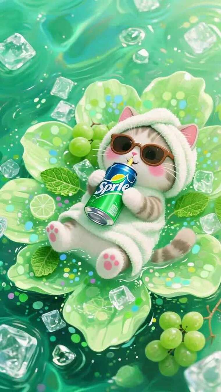 猫咪惬意饮用汽水卡通画面