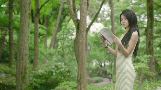 大学生美女看书学习公园秋天夏天春天树林