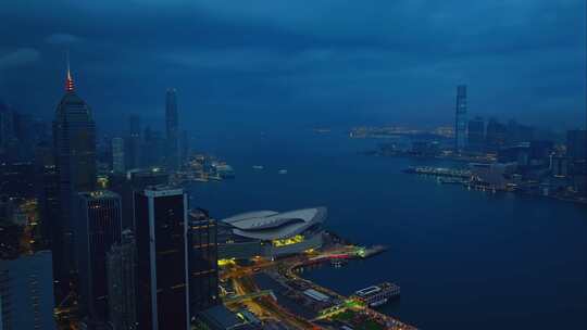 香港维多利亚港CBD中环夜景高空航拍