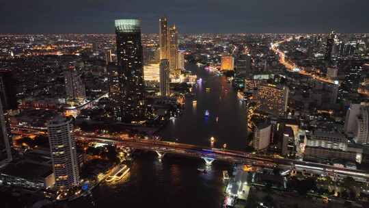 泰国曼谷湄南河城市高楼夜景航拍风光