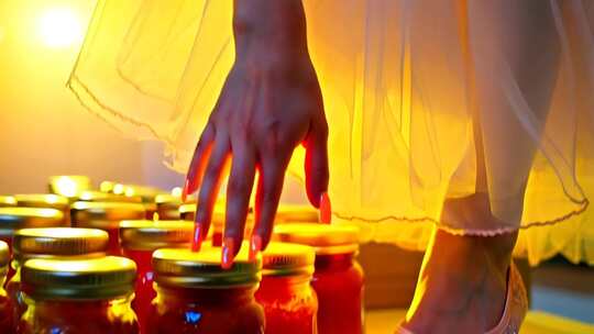 女性手触果酱罐近景画面