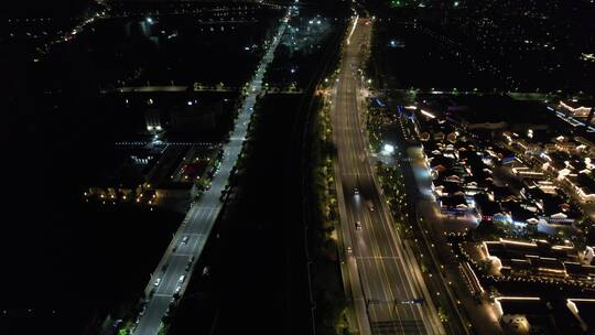 浙江绍兴柯桥古镇景区夜景灯光秀航拍