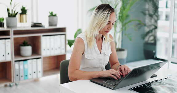 商务女性，写作和笔记本电脑，用于在办公桌