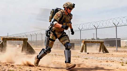 士兵穿戴外骨骼装备奔跑