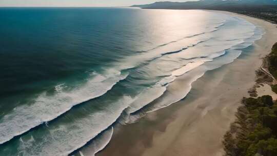 航拍海边沙滩海浪全景