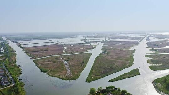 航拍江苏盐城九龙口自然保护区农田湖景