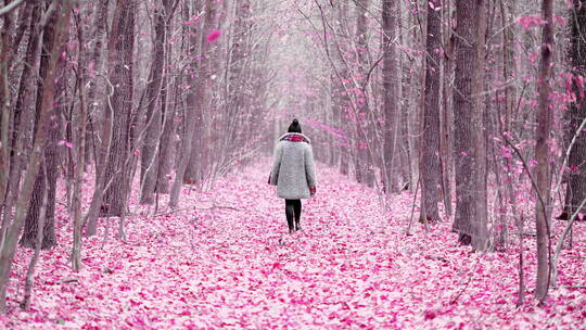 女子走在粉色树从中