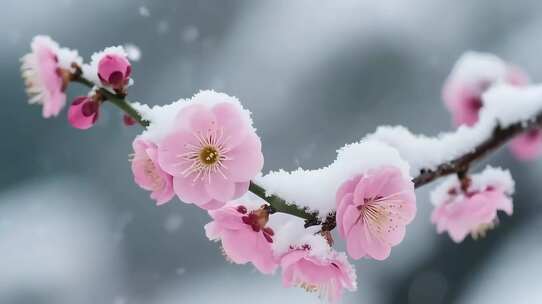 覆雪粉色梅花特写