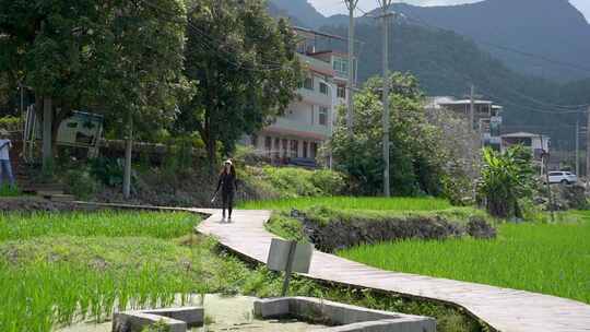 4K美女在田地里走路（慢动作）