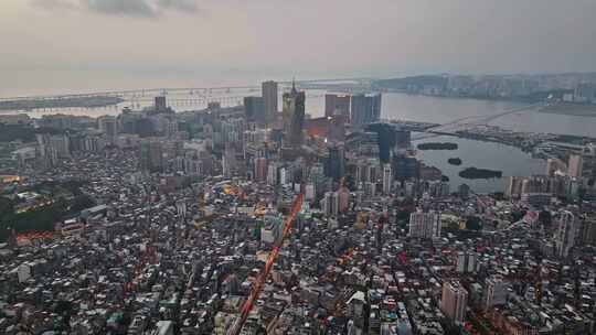 澳门半岛新葡京澳门塔CBD夜景高空航拍