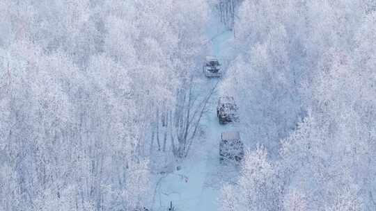 4K呼伦贝尔雪原雾凇车队行驶航拍2