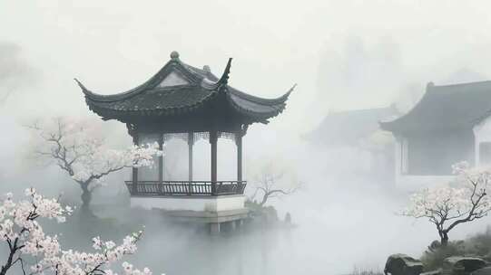 中式园林雾气中的亭子景观