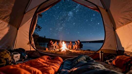 帐篷内视角看户外露营星空