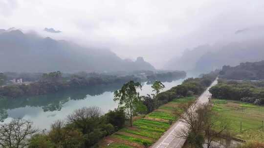 航拍广东清远连江乡村田园公路风光