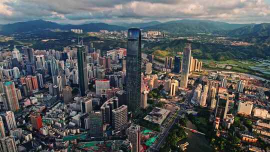 航拍深圳罗湖地标建筑蓝天白云宣传片