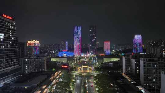 江门五邑华侨广场夜景航拍蓬江万达广场夜景