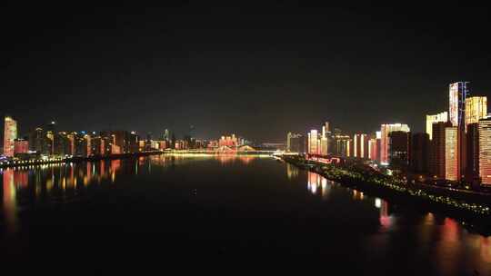 湖南长沙湘江两岸夜景灯光桥梁航拍