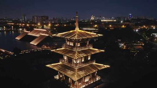 航拍上海松江广富林公园夜景