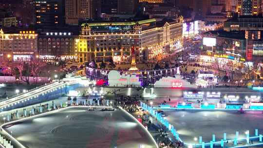 哈尔滨松花江上冬季冰雪嘉年华夜景航拍