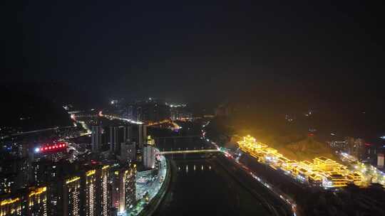 四川达州州河两岸夜景灯光航拍