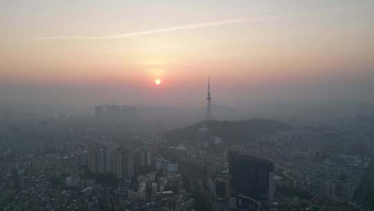 航拍广东阳江清晨日出城市风光