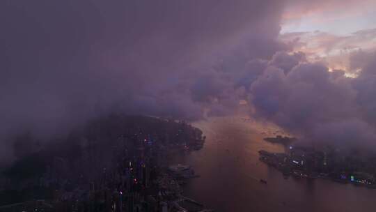 香港维多利亚港日落穿云大景航拍