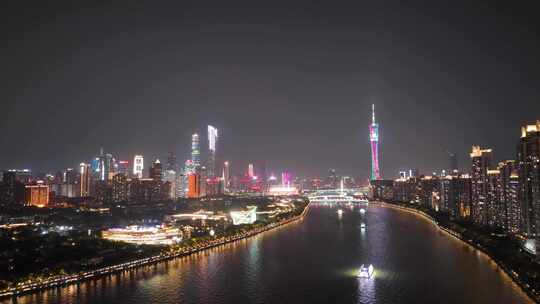 广州珠江延时夜景航拍广州塔城市建筑风光